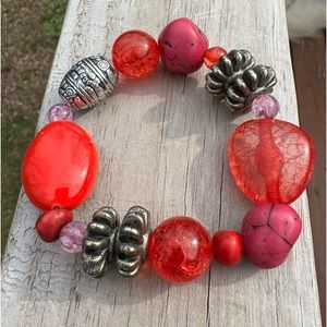 The Loft Bracelet, Pink, Red and Silver Tone Beads